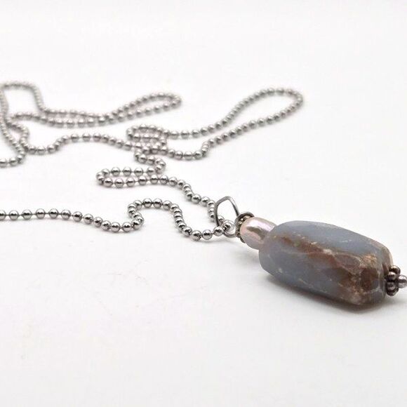 Raw Blue Chalcedony & Pearl Pendant Necklace Boho Natural Stone Ball Chain - Picture 3 of 6